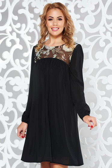 StarShinerS black dress occasional flared voile fabric with inside lining