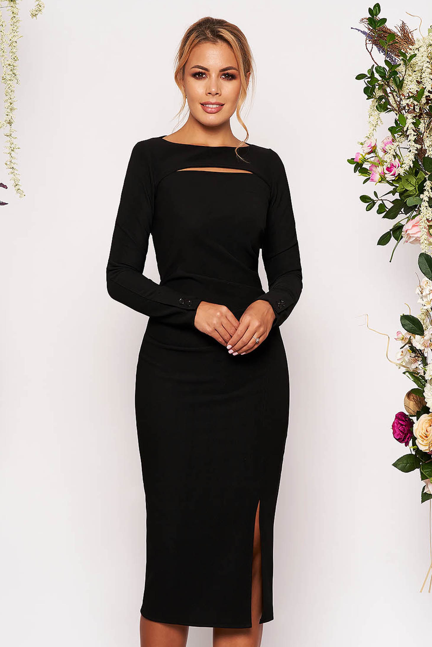 StarShinerS black scuba pencil dress long sleeved cut-out bust design