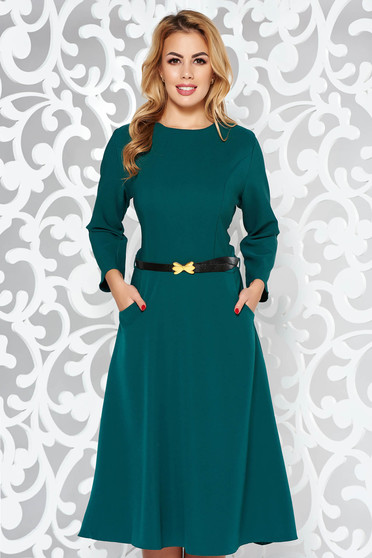 Green dress office cloche slightly elastic cotton with pockets accessorized with belt
