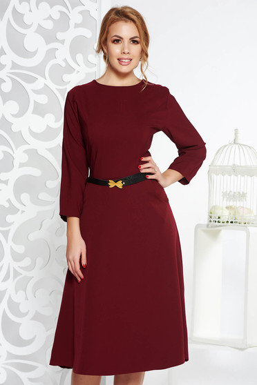 Burgundy office cloche dress slightly elastic cotton with pockets accessorized with belt