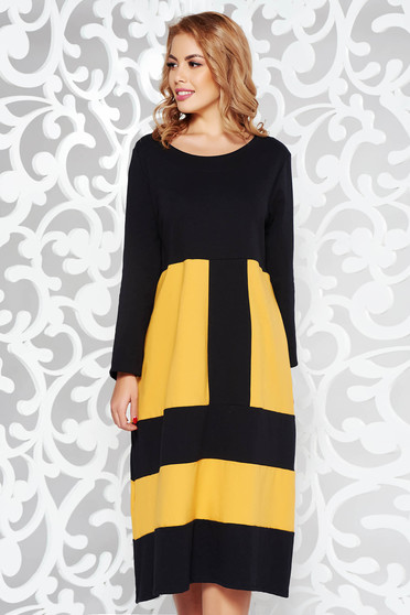 Mustard dress casual flared slightly elastic cotton with pockets
