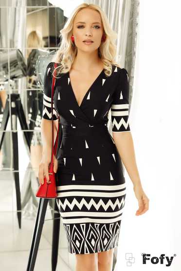 Fofy black dress office pencil slightly elastic fabric with geometrical print