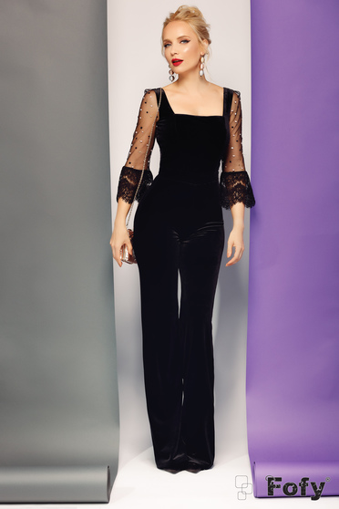 Fofy black jumpsuit occasional velvet flaring cut with laced sleeves