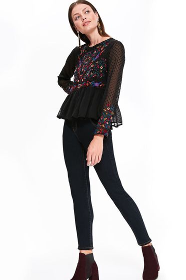 Top Secret black casual flared women`s blouse with embroidery details