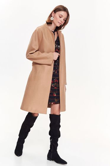 Top Secret lightbrown casual straight coat long sleeve accessorized with tied waistband
