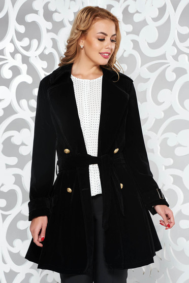 Black casual cloche long sleeve trenchcoat velvet accessorized with tied waistband