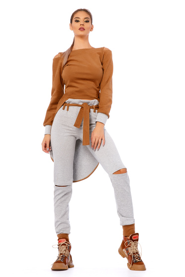 Brown casual from 2 pieces set with trousers slightly elastic cotton from velvet fabric