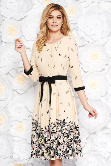 Cream elegant cloche dress soft fabric accessorized with tied waistband with floral print