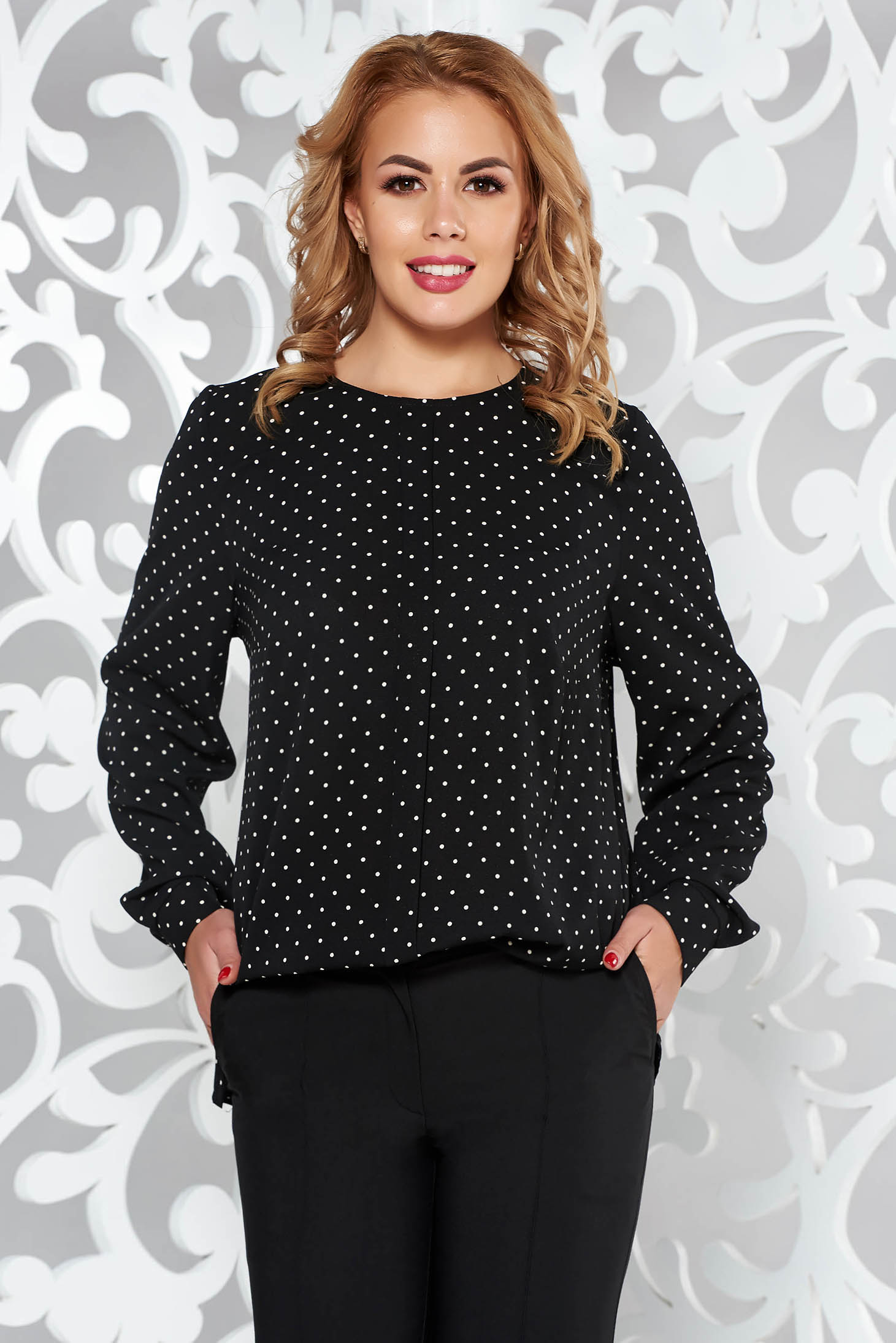 Black office flared women`s blouse airy 