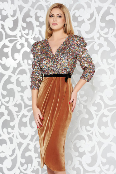 StarShinerS mustard dress occasional pencil velvet with sequins with v-neckline