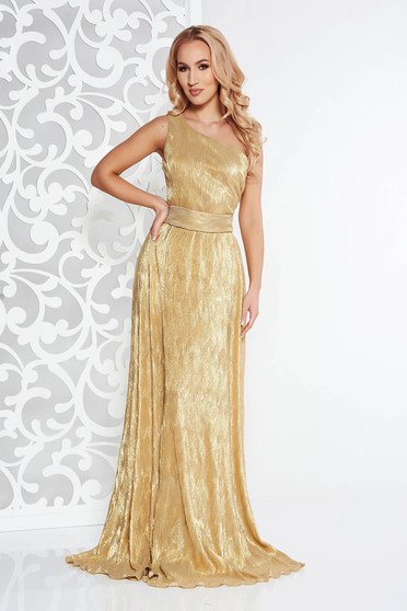 Gold occasional dress slightly elastic fabric folded up with metallic aspect with inside lining one shoulder