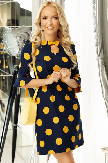 Fofy darkblue dress office a-line slightly elastic fabric with ruffled sleeves