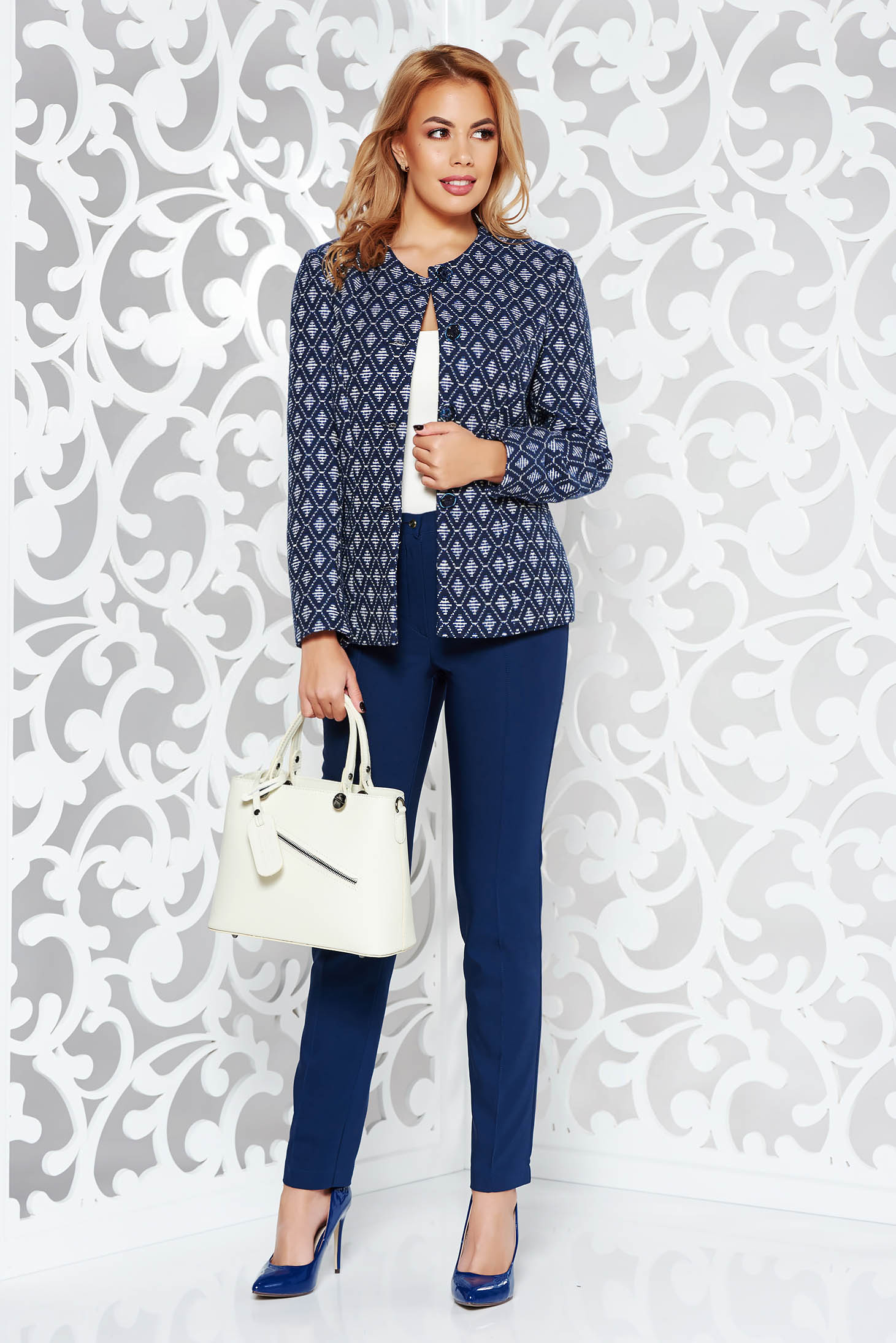 Darkblue office lady set nonelastic cotton with inside lining with medium  waist trousers