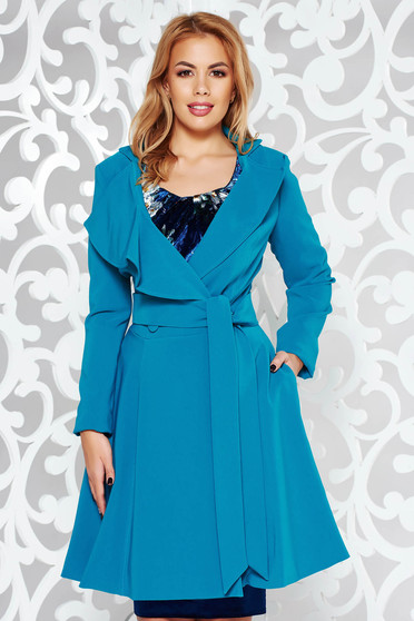 Artista turquoise trenchcoat with inside lining cloche accessorized with tied waistband from non elastic fabric