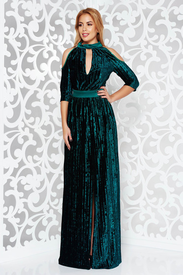 Artista darkgreen occasional with cut-out sleeves dress wrap around with deep cleavage velvet folded up