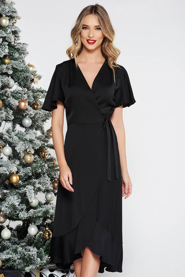 Black occasional wrap around dress non-flexible thin fabric with ruffles at the buttom of the dress