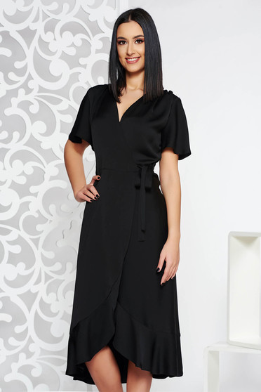 Black occasional wrap around dress non-flexible thin fabric with ruffles at the buttom of the dress