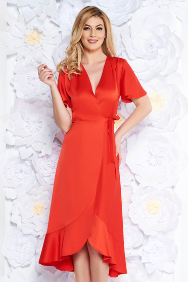 Red occasional wrap around dress non-flexible thin fabric with ruffles at the buttom of the dress
