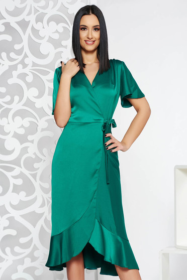 Green occasional wrap around dress non-flexible thin fabric with ruffles at the buttom of the dress