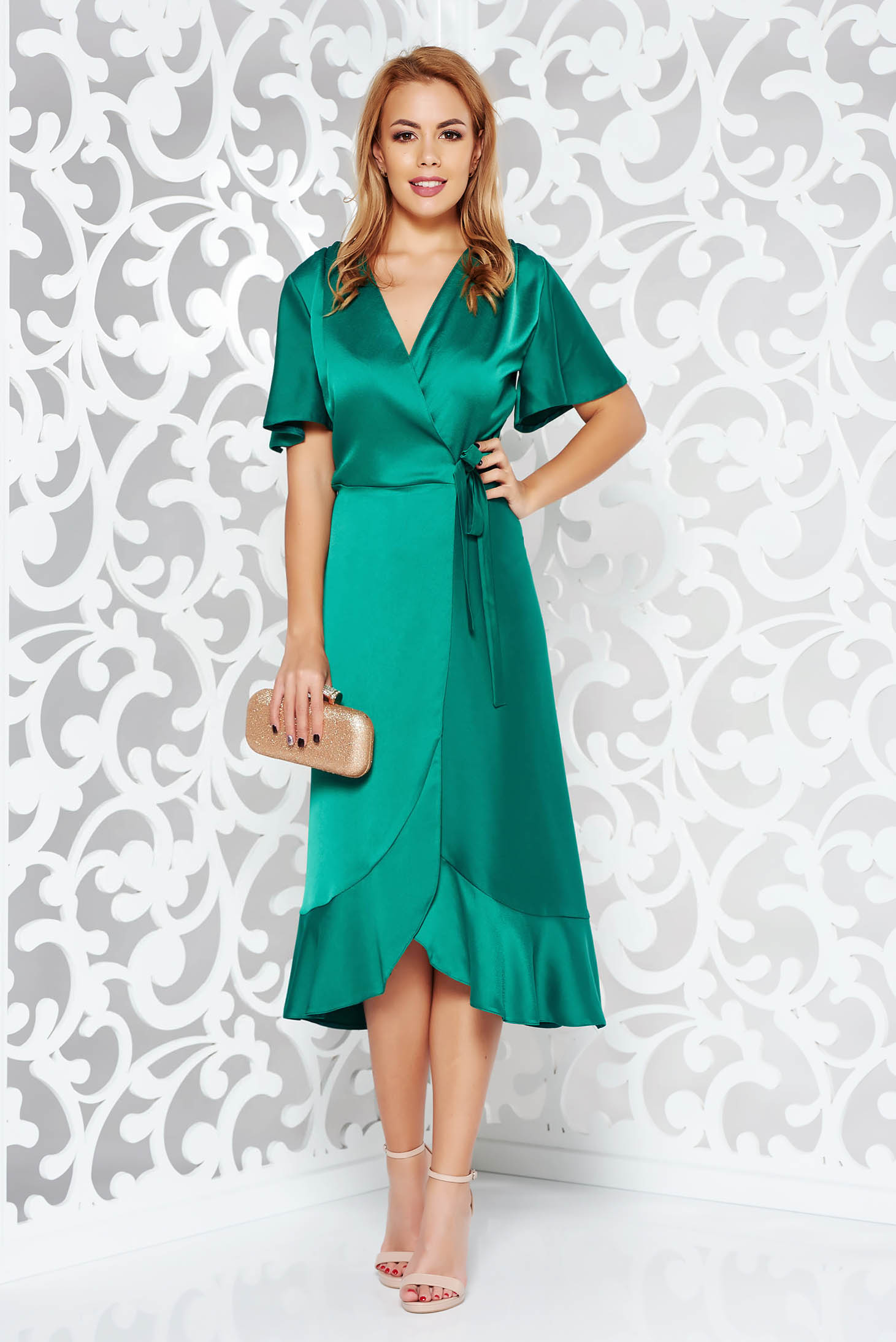 Green occasional wrap around dress non-flexible thin fabric with ...