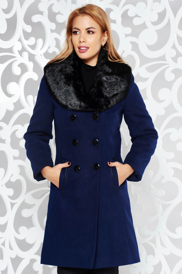 Darkblue elegant wool coat with inside lining with faux fur accessory arched cut