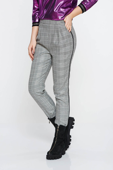 Fofy grey casual conical high waisted trousers from non elastic fabric plaid fabric with pockets