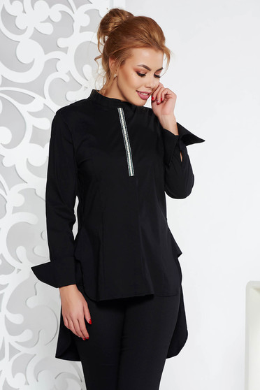 Fofy black casual flared women`s shirt slightly elastic cotton asymmetrical long sleeved