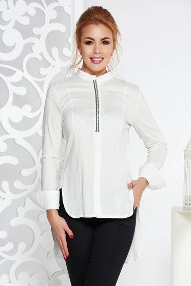 Fofy white casual flared women`s shirt slightly elastic cotton asymmetrical long sleeves