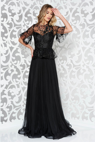 Ana Radu black embroidered luxurious cloche dress from tulle and laced fabric with frilled waist long