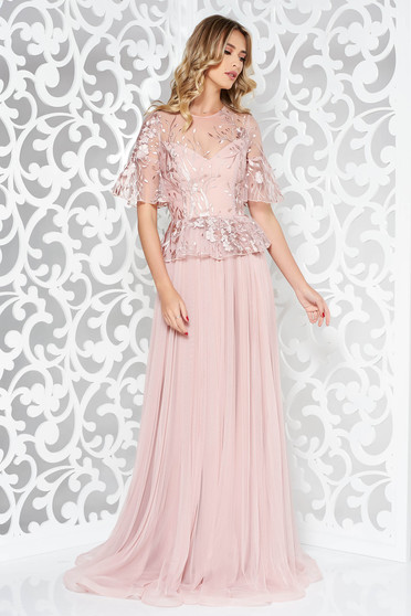 Ana Radu rosa embroidered luxurious cloche dress from tulle from laced fabric with frilled waist long