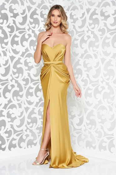 Ana Radu mustard dress with push-up bra luxurious from satin fabric texture off shoulder accessorized with tied waistband