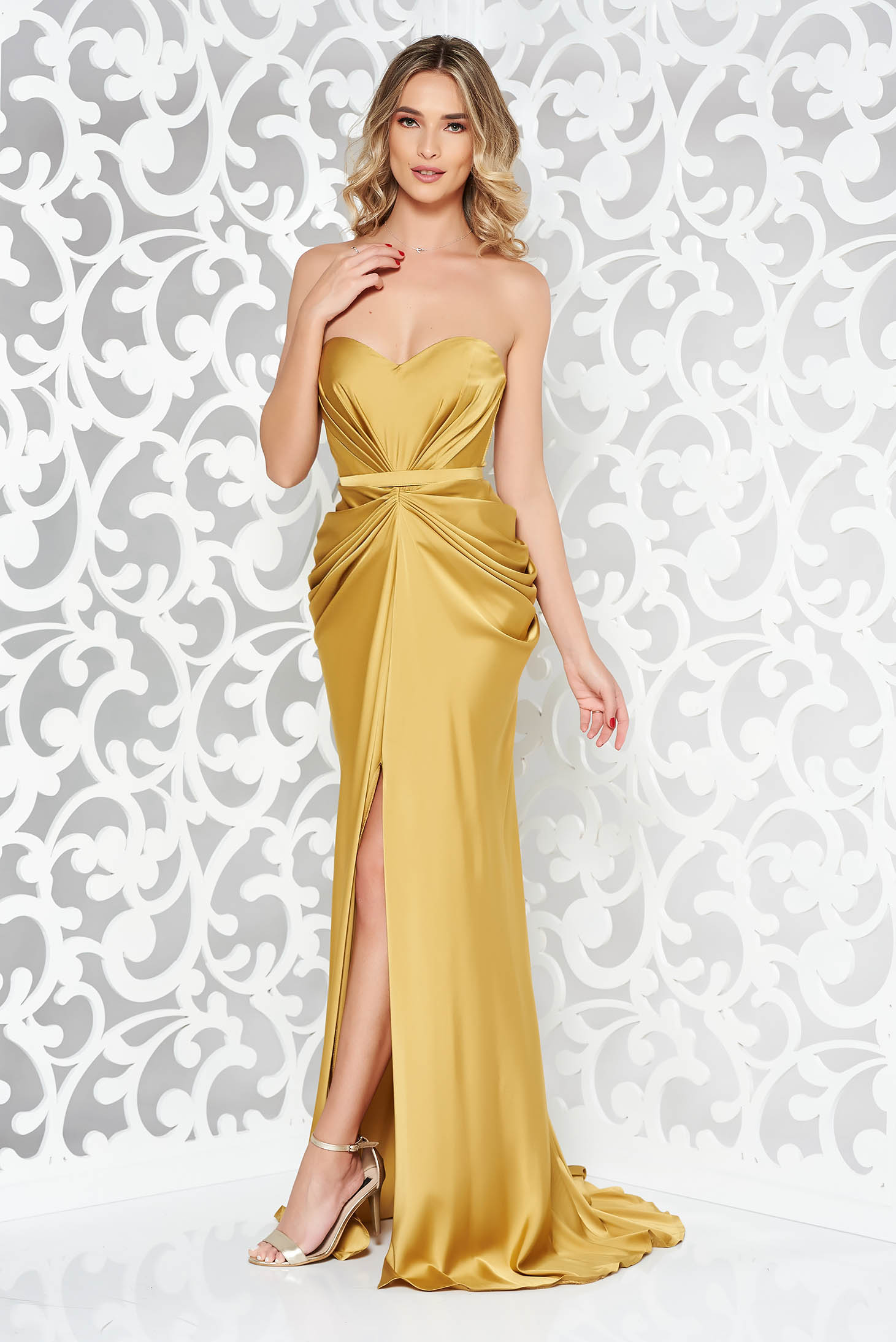 Ana Radu luxurious off shoulder dress from satin fabric texture with  push-up bra accessorized with tied waistband mustard