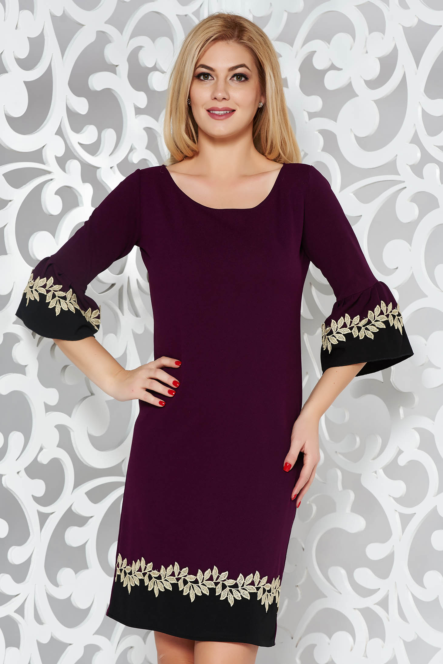 Purple elegant straight dress with bell sleeve with lace details from ...