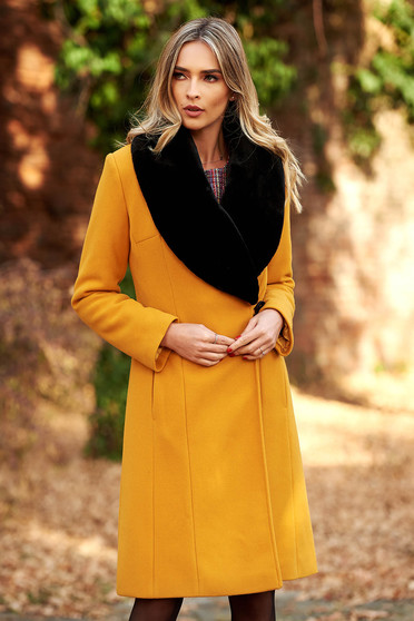 LaDonna mustard elegant wool coat arched cut fur collar