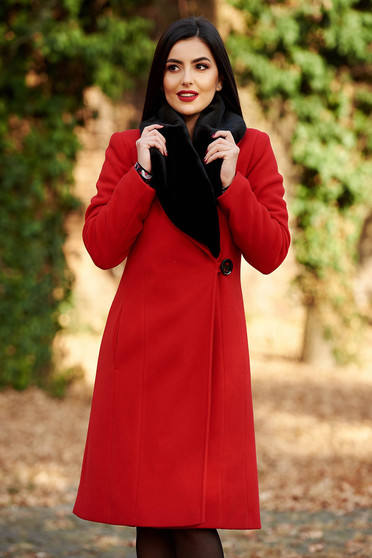 LaDonna red elegant wool coat arched cut fur collar