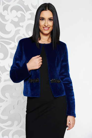 StarShinerS darkblue occasional ecological fur arched cut with inside lining with crystal embellished details