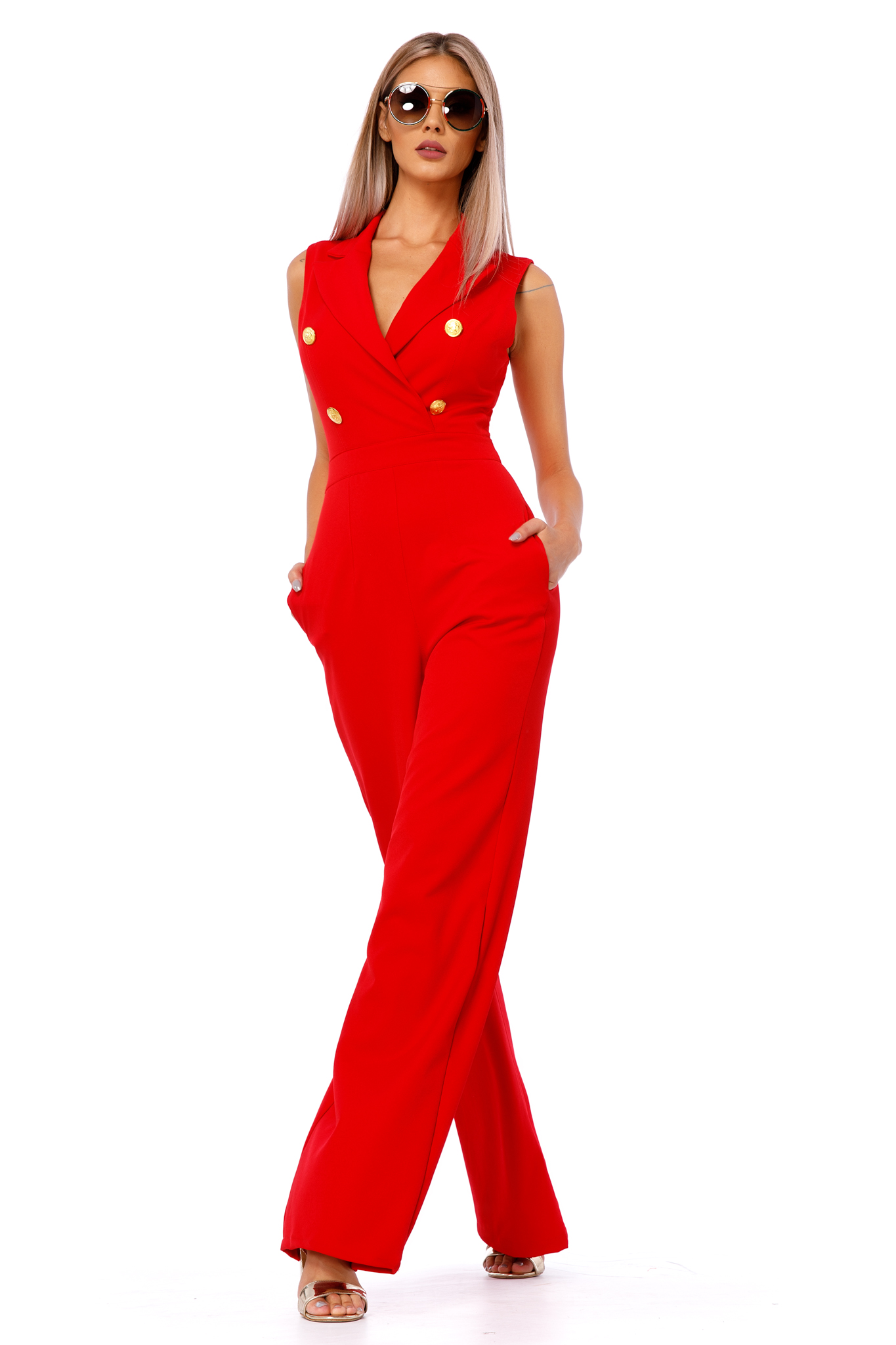 Red elegant jumpsuit flexible thin fabric/cloth with button accessories