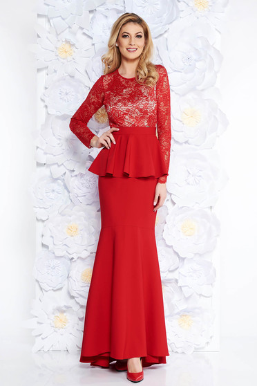 Red occasional mermaid dress slightly elastic fabric with inside lining with frilled waist from laced fabric