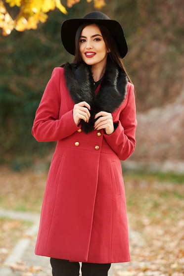 StarShinerS red elegant wool coat with inside lining arched cut with pockets fur collar
