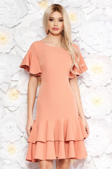 Peach elegant midi short sleeves dress slightly elastic fabric with ruffles at the buttom of the dress