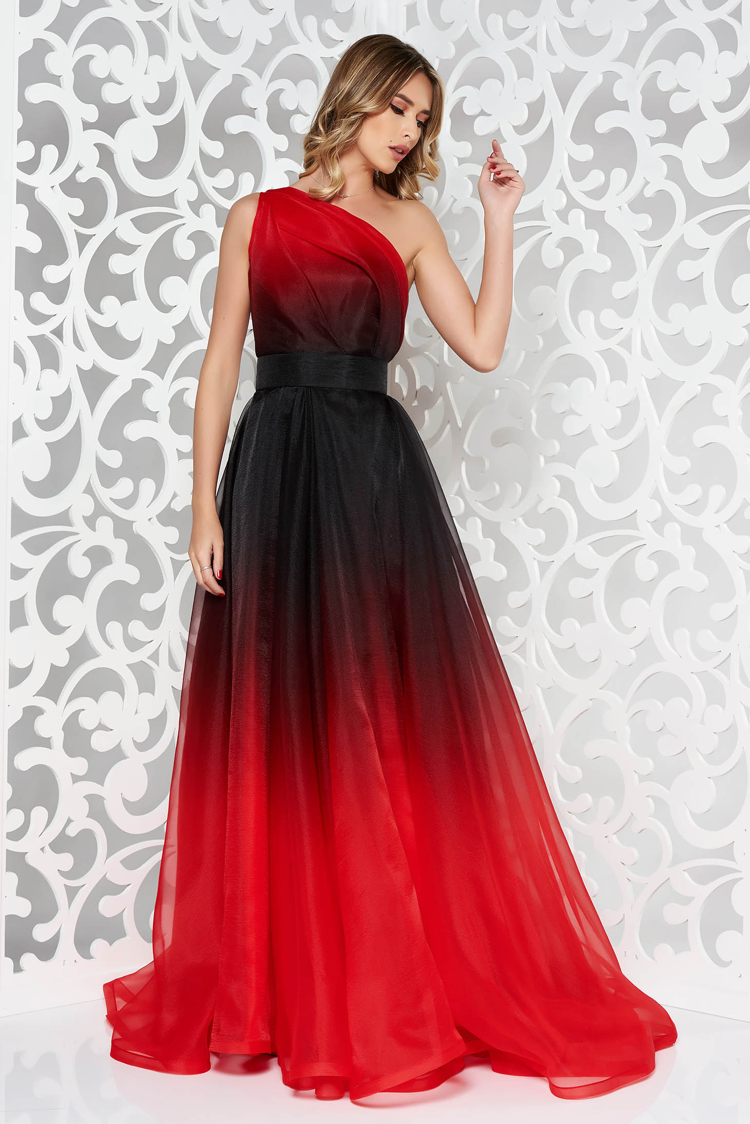 Ana Radu red one shoulder cloche luxurious dress with inside lining long accessorized with tied waistband