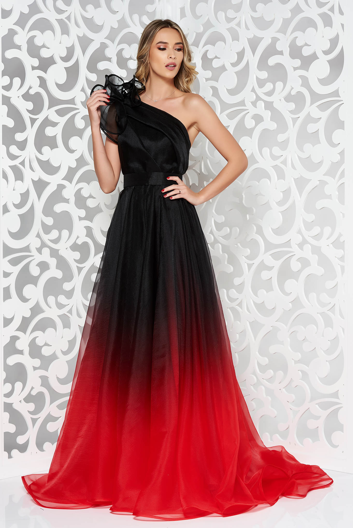 Ana Radu red luxurious long cloche dress with inside lining accessorized with tied waistband one shoulder