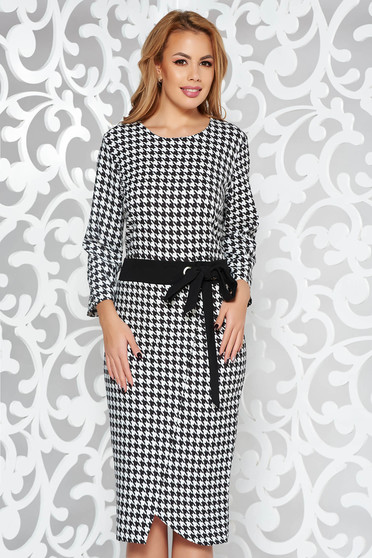 Black elegant pencil dress slightly elastic cotton accessorized with tied waistband
