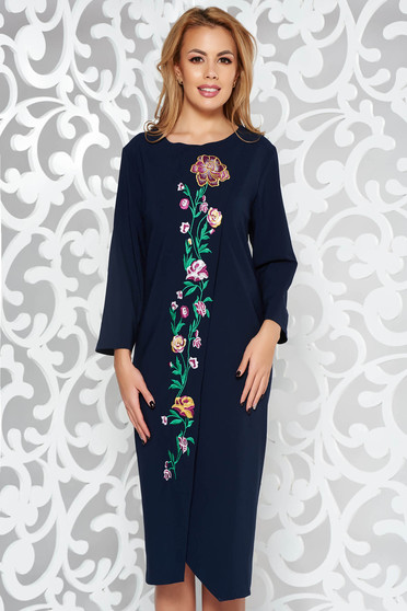 Darkblue elegant flared dress slightly elastic fabric with embroidery details