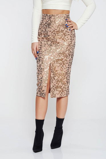 Rosa elegant high waisted pencil skirt from jacquard shimmery metallic fabric