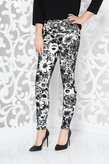 Black casual with medium waist trousers with tented cut from velvet fabric with floral print