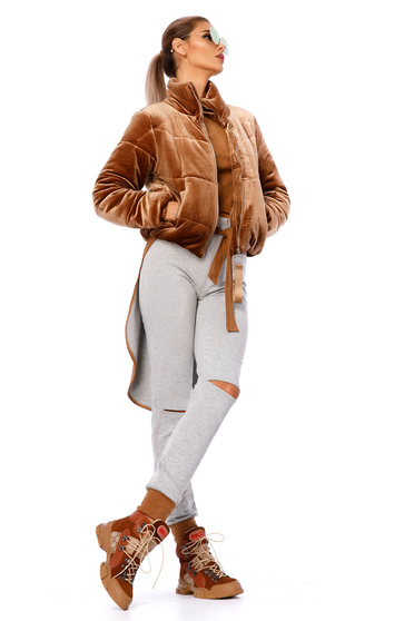 Brown casual long sleeve jacket from velvet fabric