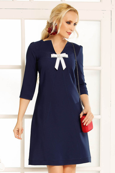 Fofy darkblue daily a-line dress slightly elastic fabric bow accessory
