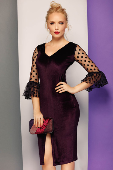 Fofy burgundy occasional pencil dress from velvet with v-neckline