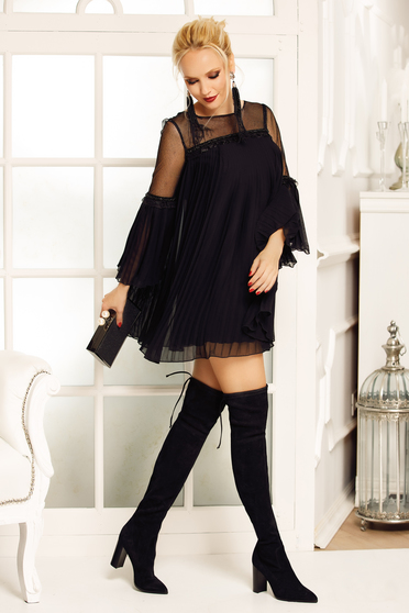 Fofy black dress occasional flared from veil fabric folded up with inside lining with bell sleeve